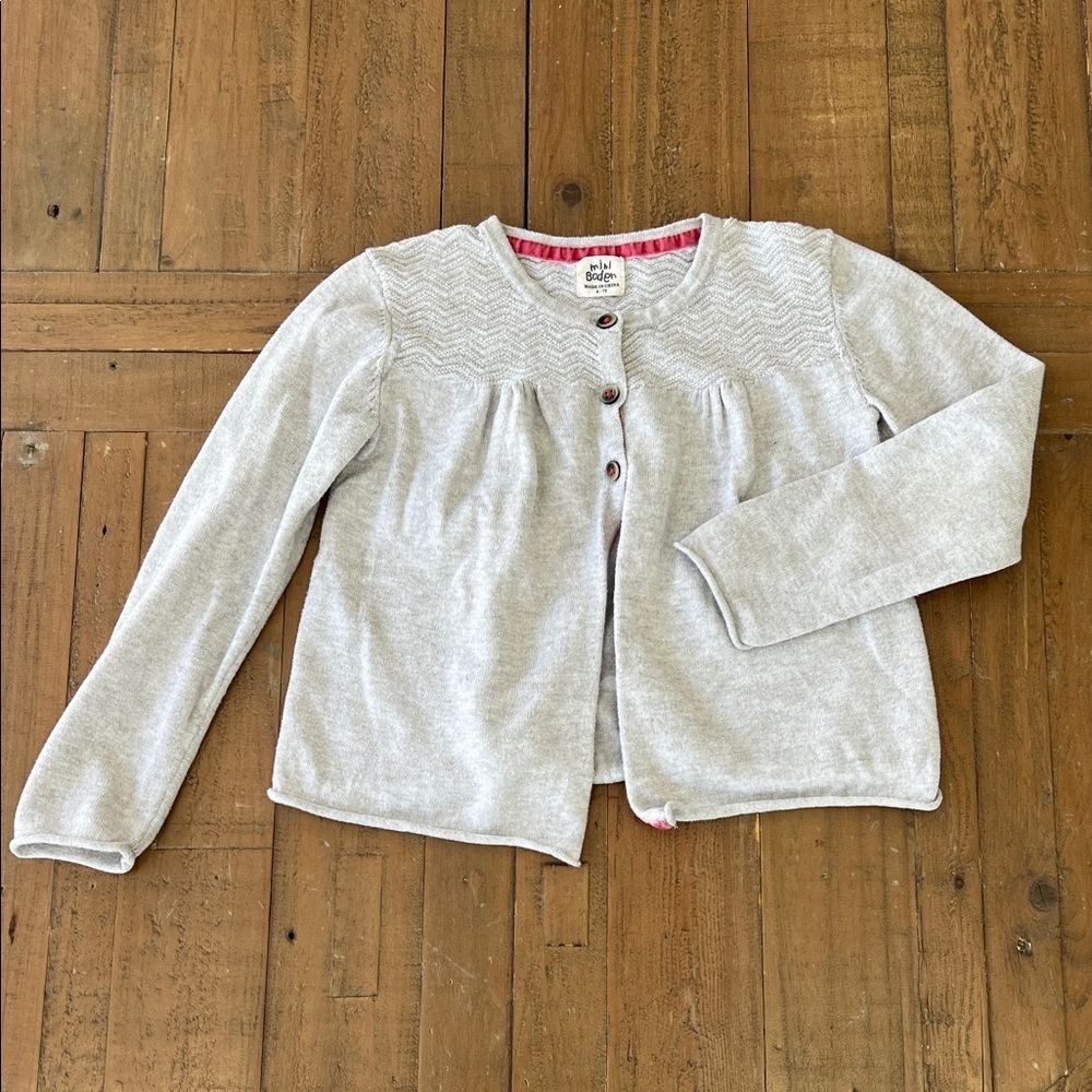 Mini Boden light gray cotton cashmere rolled edge cardigan sweater 6-7 years
